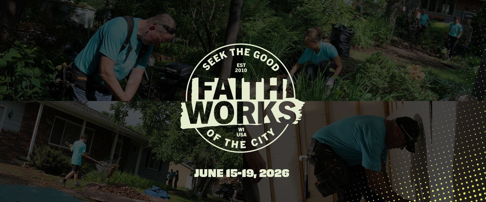 Blue circular “FAITH WORKS” logo with “Seek the good, lift the city” text on a dark background
