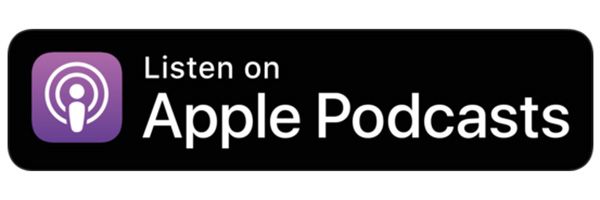 Apple Podcasts badge with purple podcast icon and white text on a black background