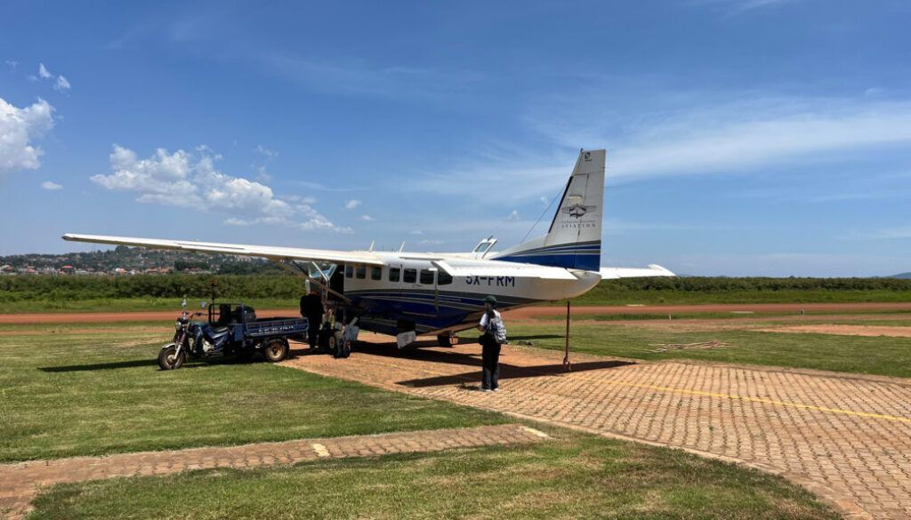 Small airplane on a paved runway, two people near it, blue sky and green grass.
