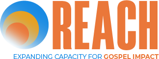 Logo for REACH with an orange wordmark and an abstract graphic of concentric circles.