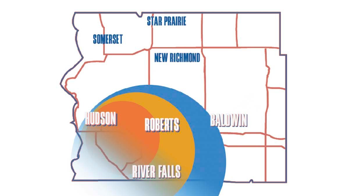 Map of Wisconsin with Hudson, Roberts, and River Falls highlighted within concentric circles.