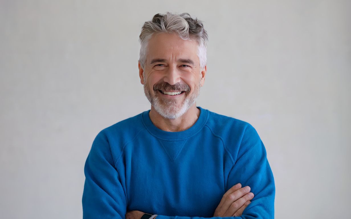 Man with gray hair and beard smiles, arms crossed, wearing a blue sweater against a white background.