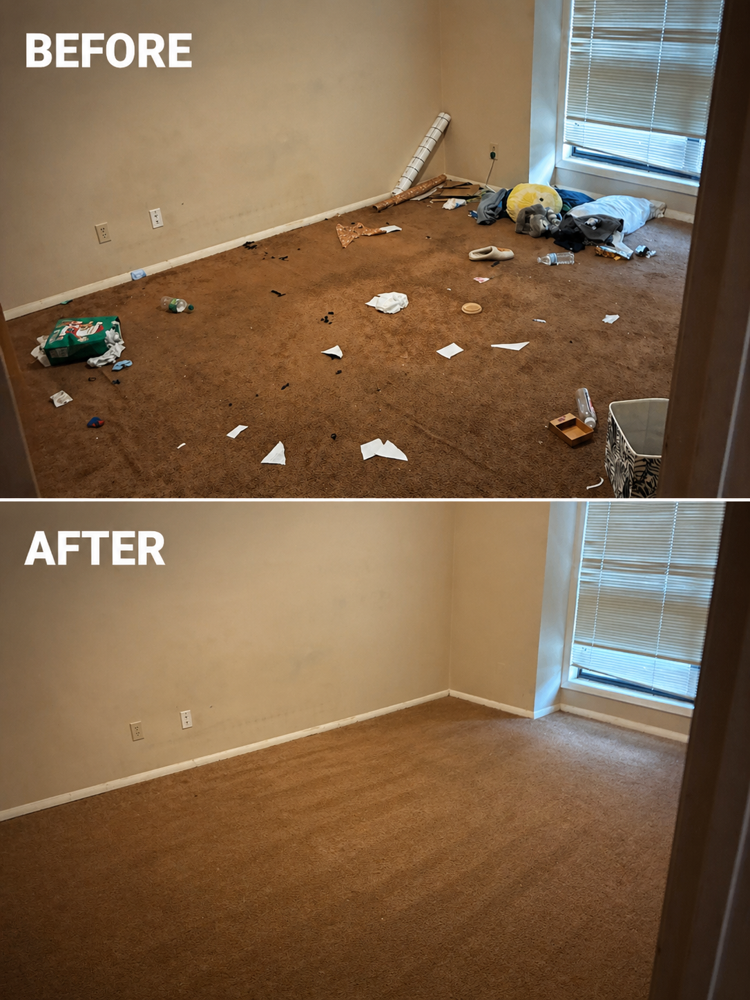 Empty beige bedroom with ceiling fan, hardwood floor, and one window