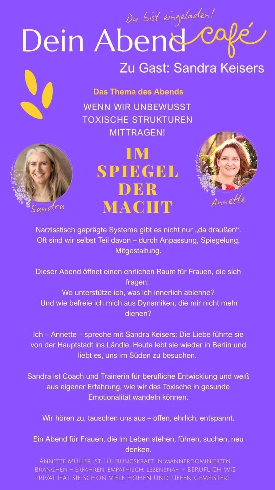 Dein Abend cafe - Veranstaltung im Seminarraum Talmühle Thema im Spiegel der Macht