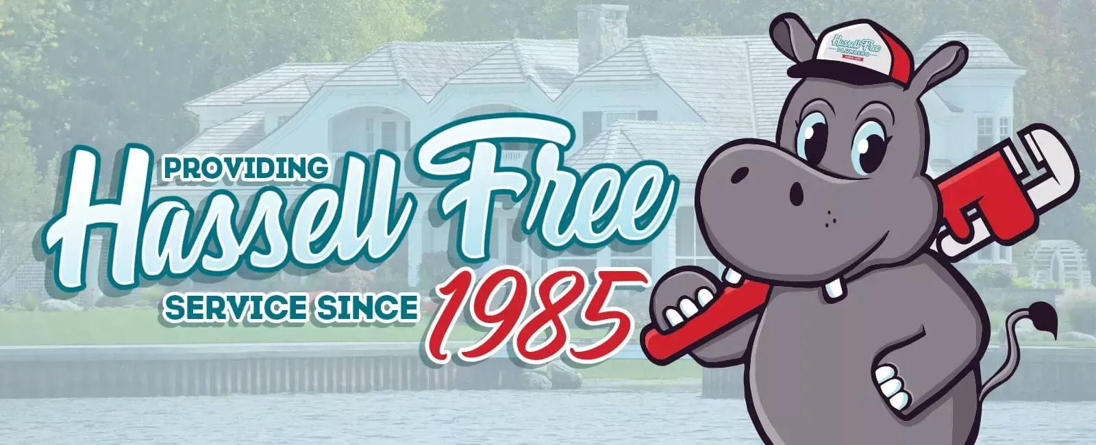 A cartoon hippo is holding a wrench in front of a house.