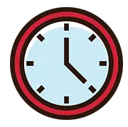 A clock with a red rim and a blue face is shown on a white background.