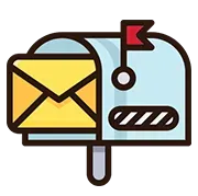 A mailbox with an envelope in it and a flag hanging from it.