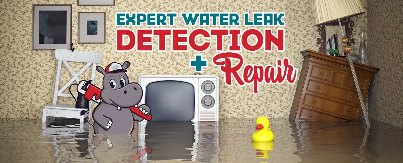 A hippo is standing in a flooded room next to a yellow rubber duck.