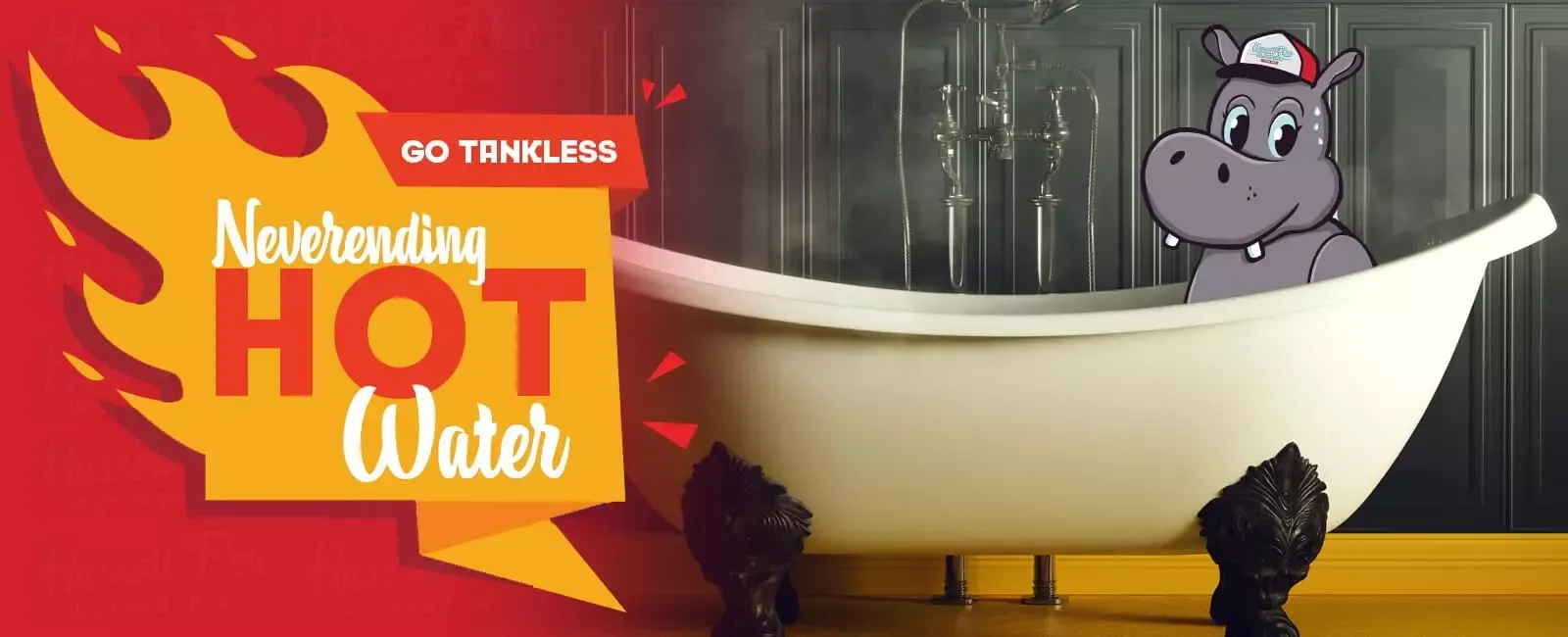 A cartoon hippo is taking a bath in a bathtub.
