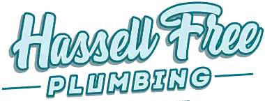 The logo for haskell free plumbing is blue and white.
