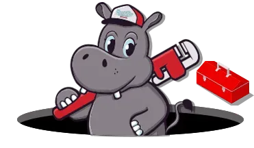 A cartoon hippo is holding a wrench and a red box.