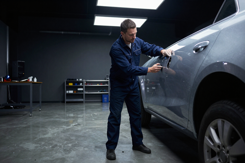 Collision repair technician examining a vehicle panel in a professional shop bay