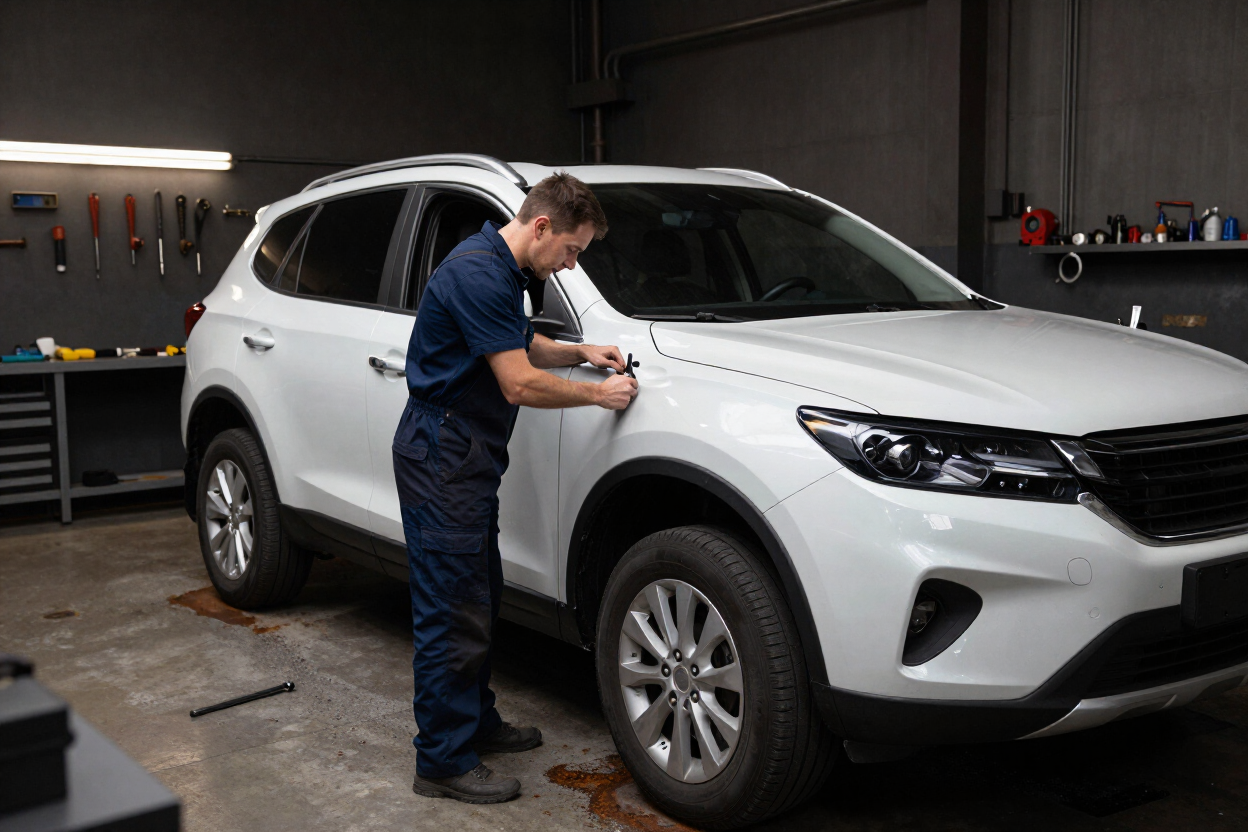 Technician performing panel repair on a white SUV