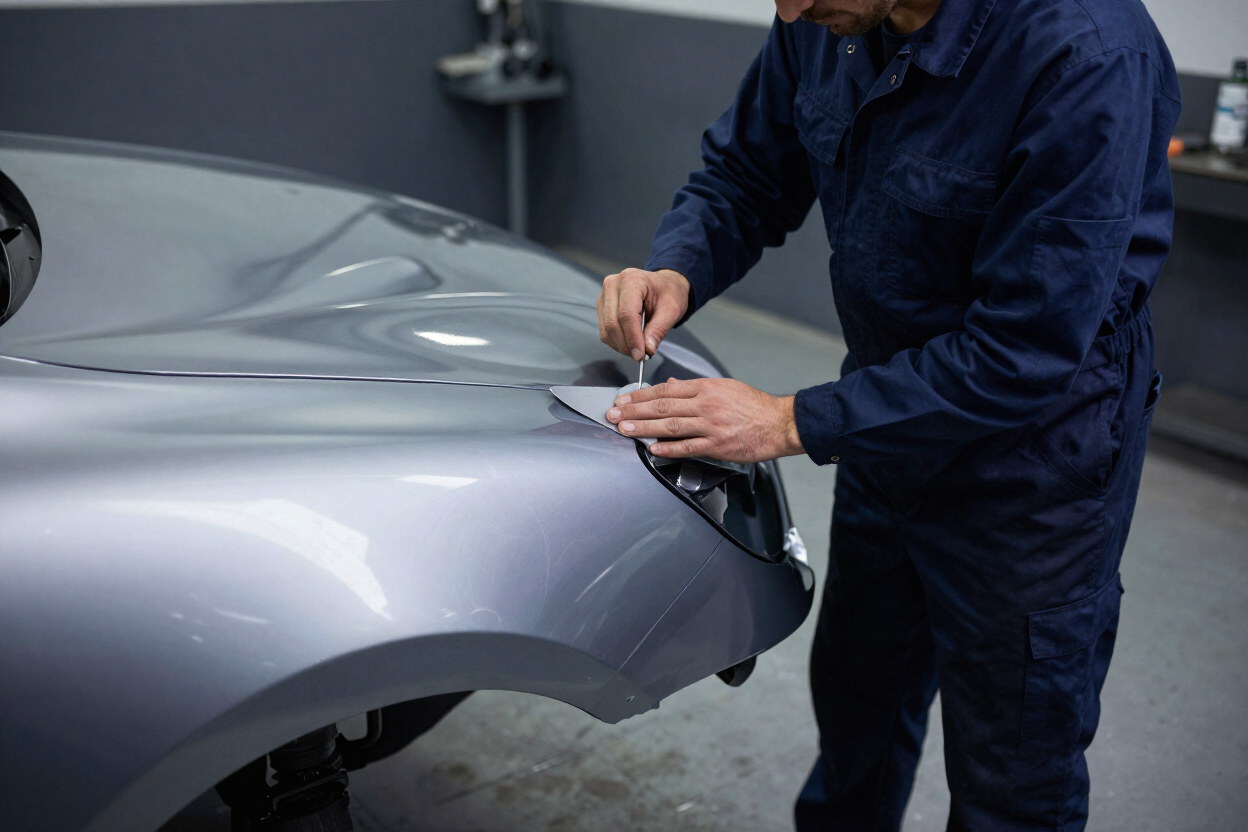Technician applying precision bodywork to a repaired panel