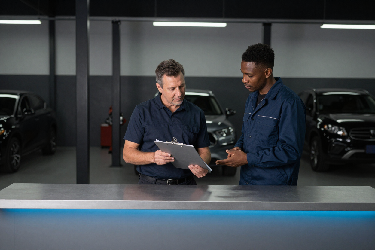 Shop advisor and car owner reviewing insurance documents