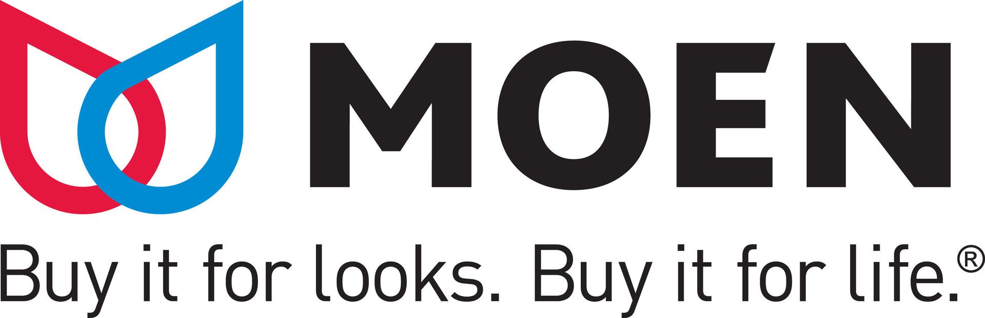 Moen logo: red and blue water droplet graphic and black text 