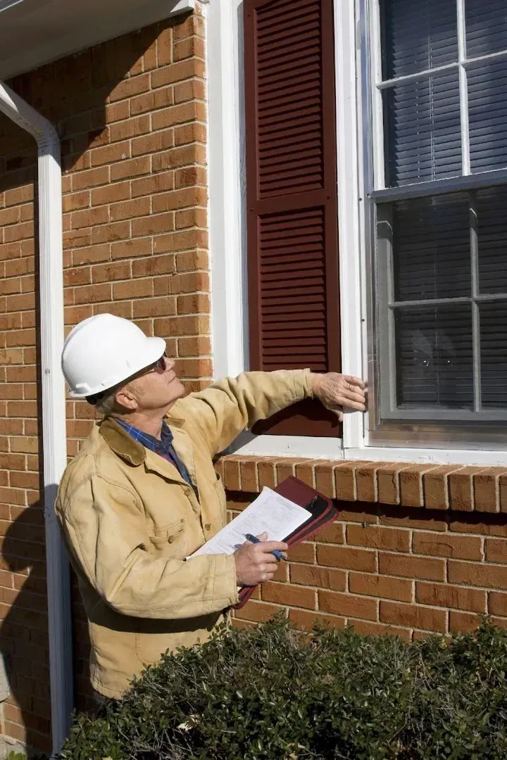 Home inspector in hard hat checking a window frame with clipboard near brick wall.