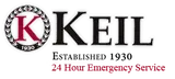 Logo for KEIL, established in 1930, with 24-hour emergency service. Red "K" in a circular emblem.