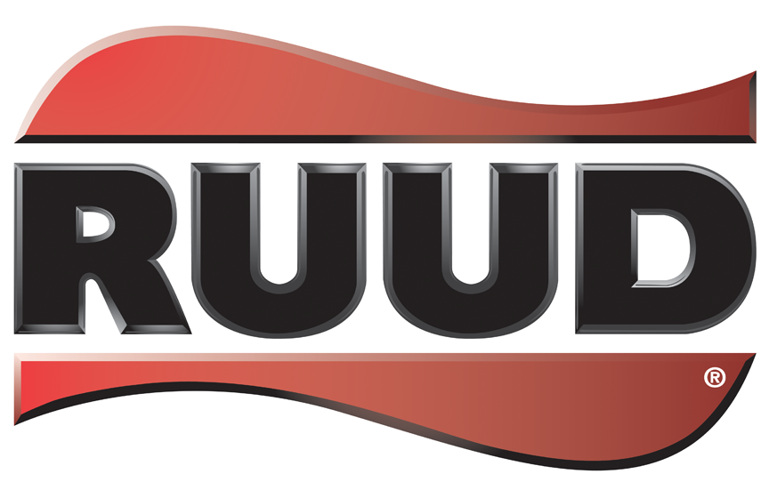 Ruud logo: bold, black letters on a red, curved background; white shadow; registered trademark symbol.