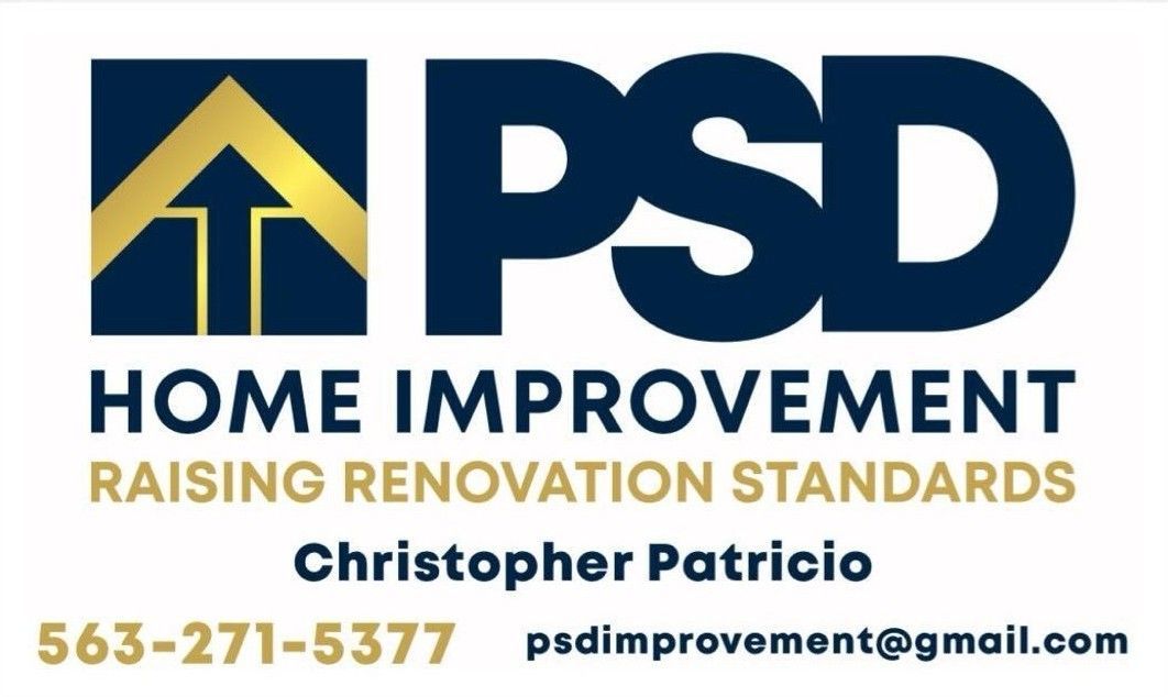 PSD Home Improvement logo. Dark blue and gold graphic with text: PSD, Home Improvement, Christopher Patricio, contact info.