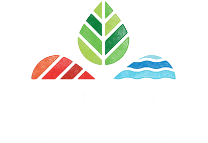 Logo: green leaf above stylized sun and waves, white text below.