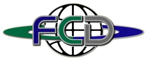 FCD logo with blue, green, and silver letters over a black globe and green-blue oval swoosh
