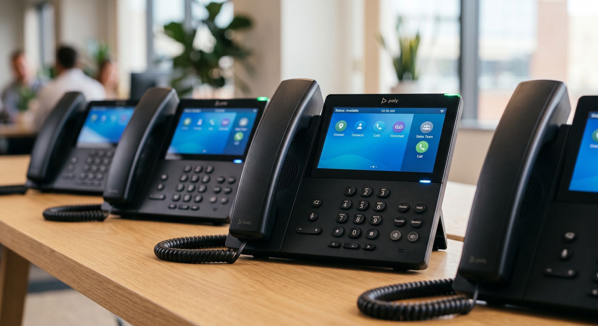 Row of black office desk phones with lit screens on a wooden conference table in a modern office