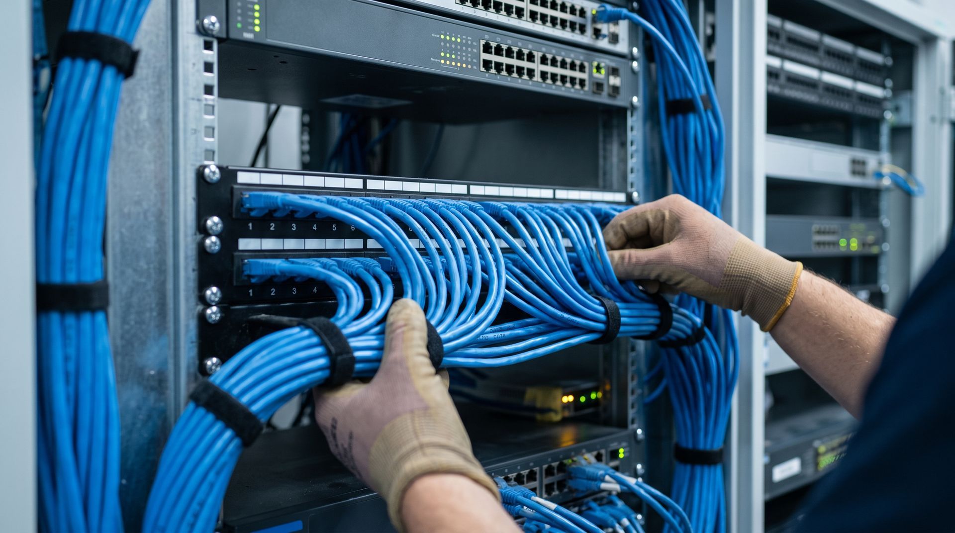 Technician connecting blue network cables in a server rack