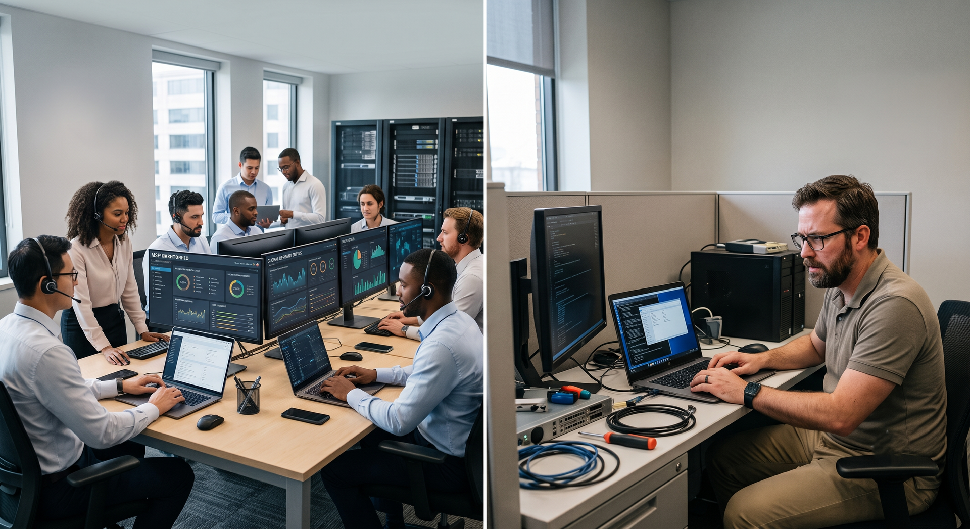 Two office scenes: team collaborating at monitors and a man working at a desk with computer equipment