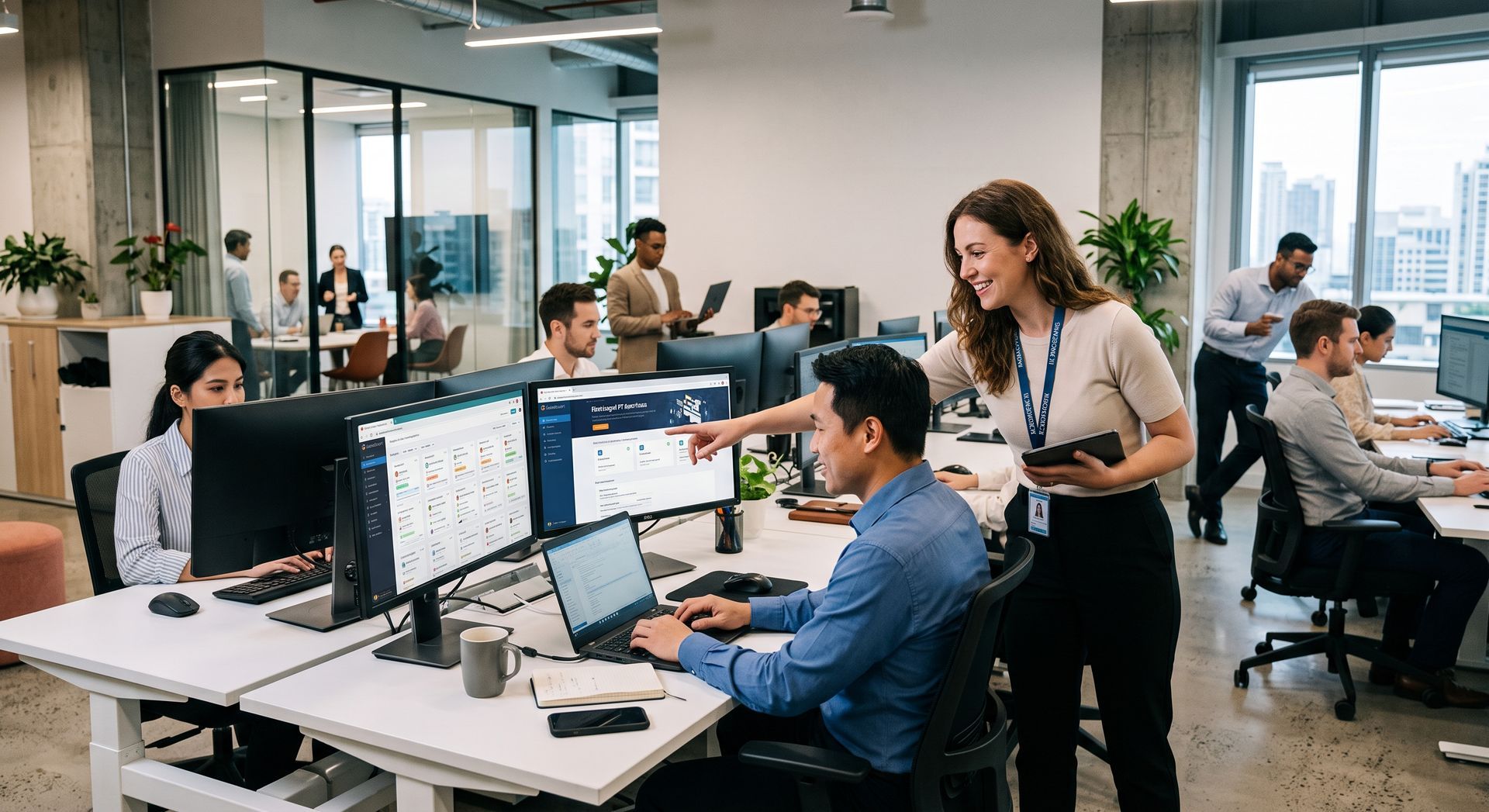 Open-plan office with employees working at desks and monitors, while a woman stands talking to a seated coworker.