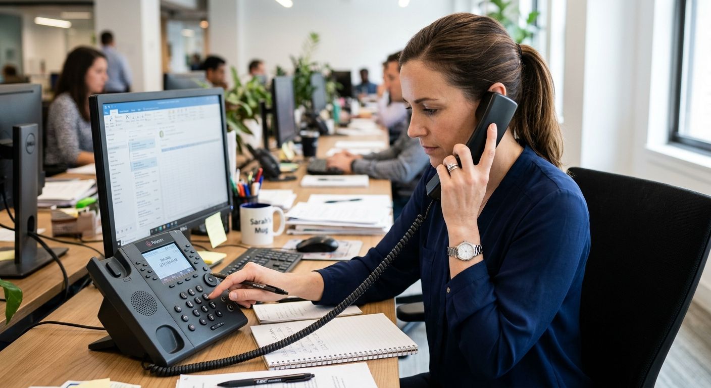 Woman on a desk phone and laptop in a busy office, taking notes at her workstation.