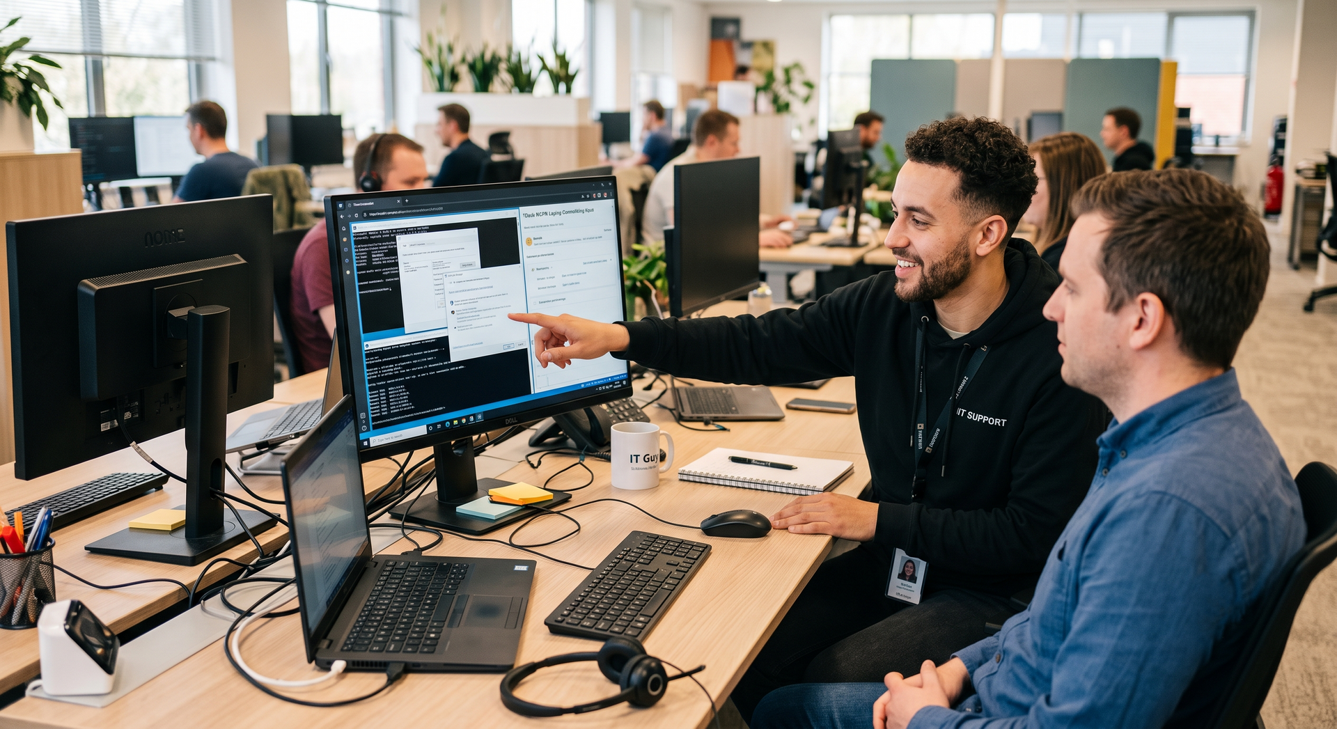 Colleagues collaborating at desks in an open office, looking at a large monitor with code on screen