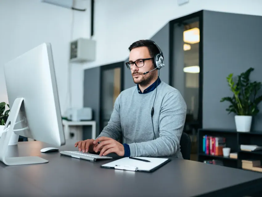 Man wearing headset typing at a desk in a modern office, with a large monitor and notebook nearby
