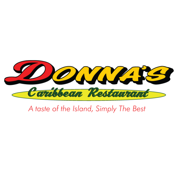 Donna's Caribbean Restaurant logo with red, yellow, and black text and pink tagline