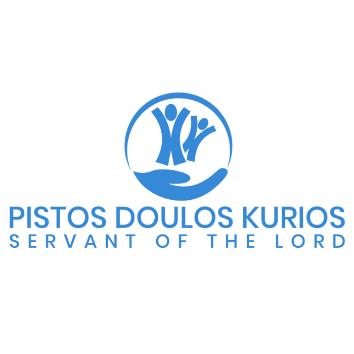 Blue church-style logo with raised hands and text “PISTOS DOLOS KURIOS SERVANT OF THE LORD”