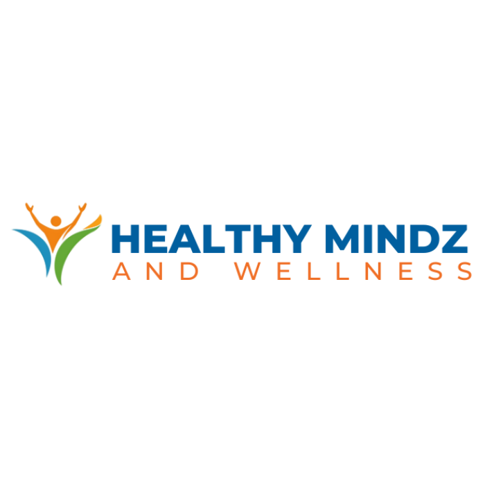 Healthy Mindz and Wellness logo with blue and orange text and a colorful figure icon