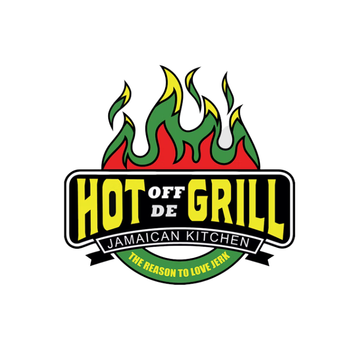 Hot Off Grill Jamaican Kitchen logo with red, green, and yellow flames and bold black-and-yellow text