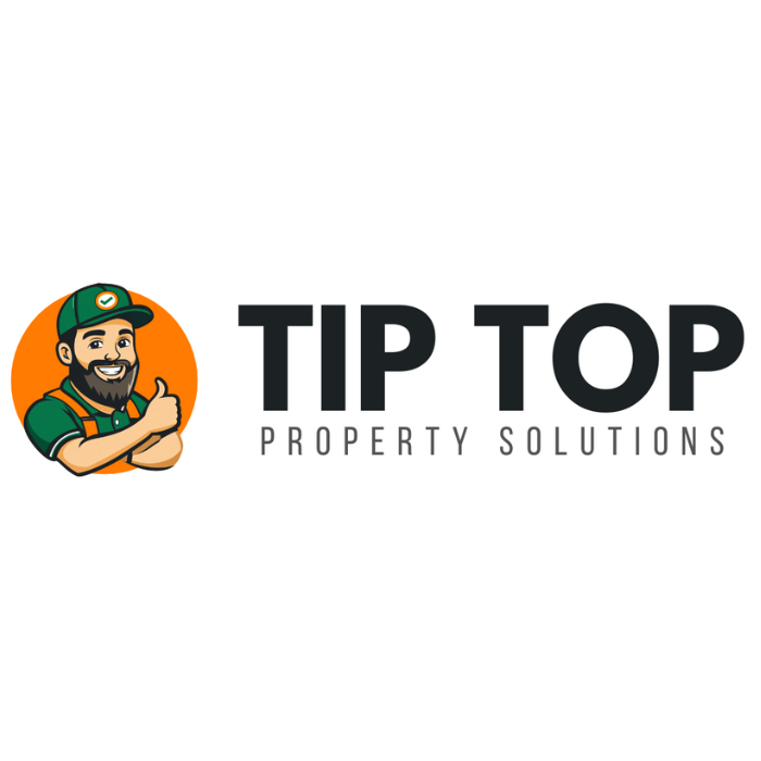 Tip Top Property Solutions logo with cartoon handyman in green cap and black text on white background