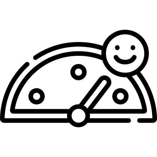 A black and white icon of a pizza with a smiling face on it.