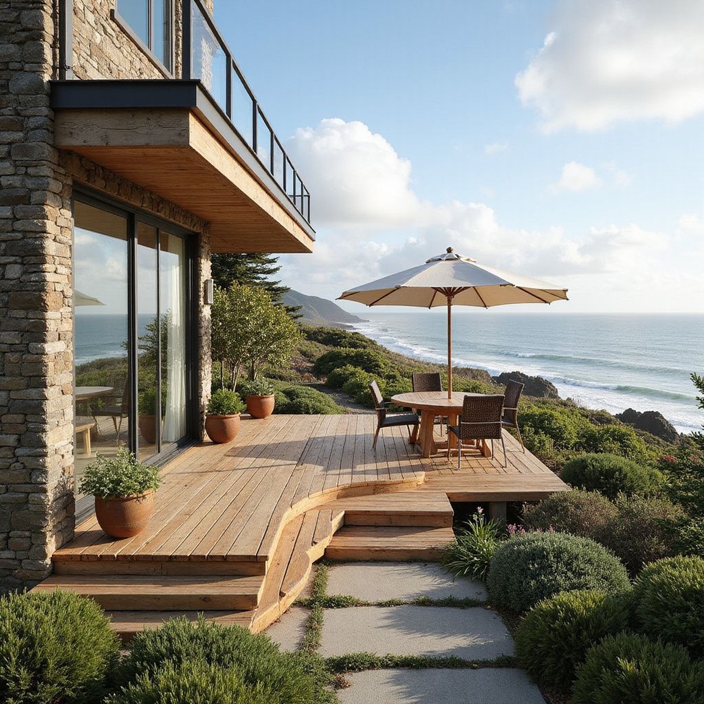 Wooden deck with table and chairs overlooking the ocean, next to a stone house with a balcony.