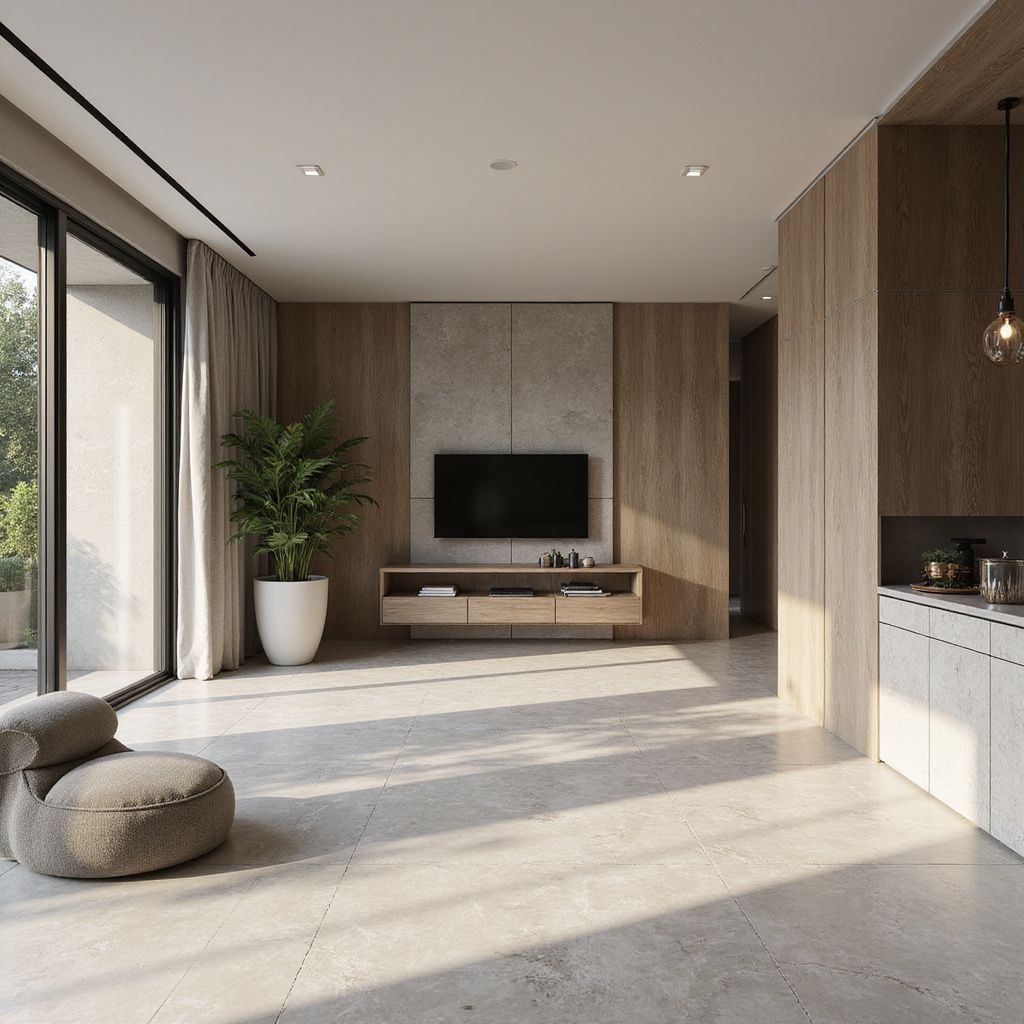 Modern living room with TV, wood paneling, large window, and cozy seating.