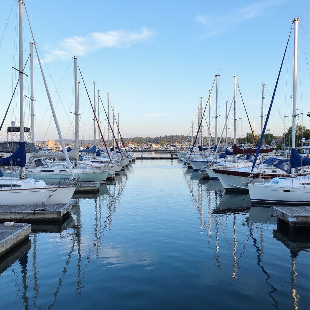 Sailboats docked in a marina, reflecting in calm water under a blue sky.