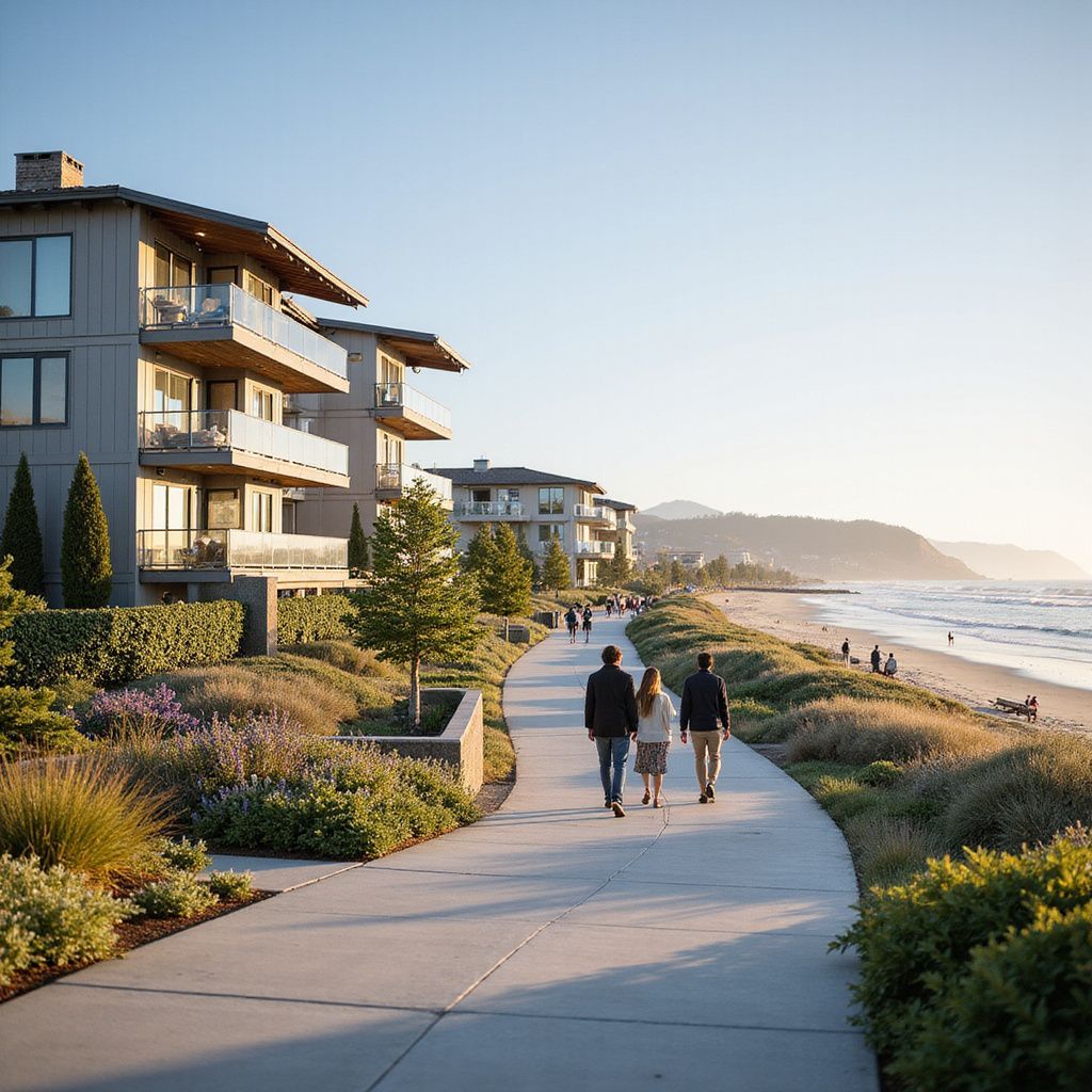 People walking along a paved path next to a beach and modern apartment buildings.