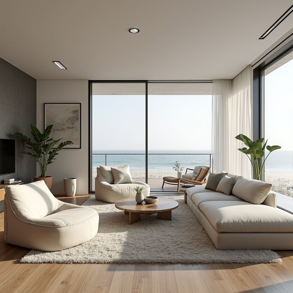 Living room with beach view; cream-colored furniture, rug; ocean and sand visible through large windows.