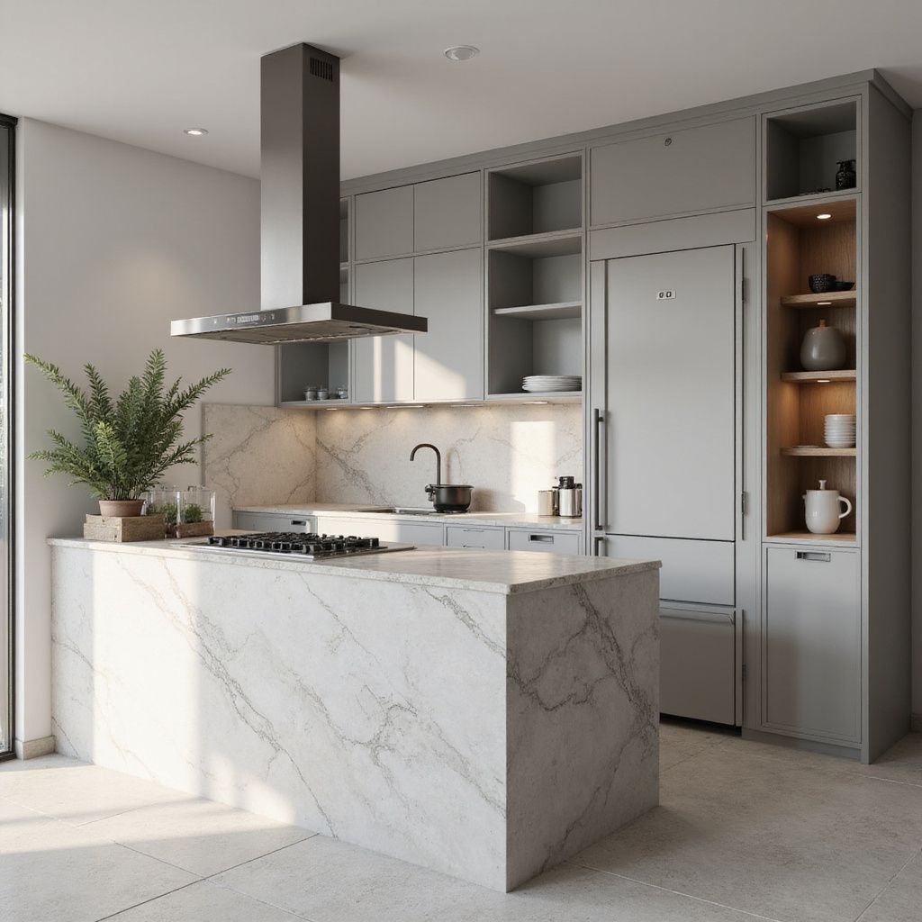 Modern kitchen with a marble island, gray cabinets, and stainless steel appliances.