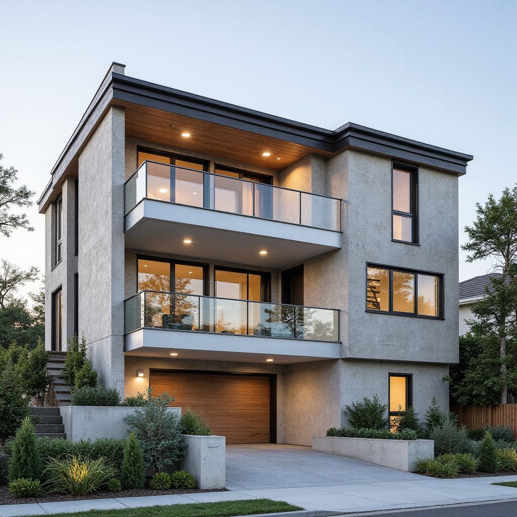 Modern three-story house with two balconies, garage, and landscaping; gray stucco exterior and glass railings.