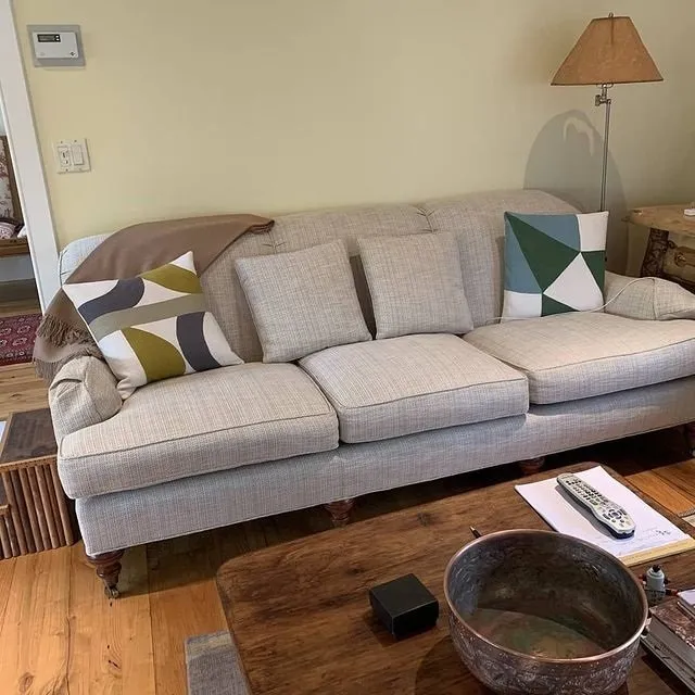 Living room with gray sofa, patterned pillows, floor lamp, and wooden coffee table on hardwood floor