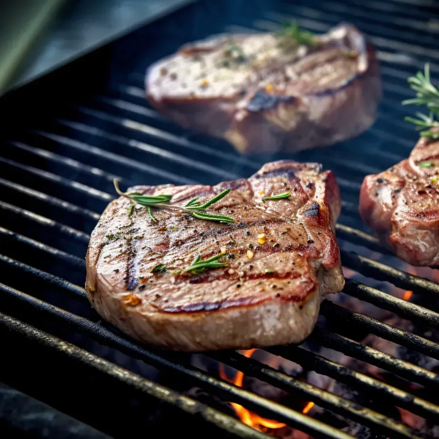 Grilled steaks with grill marks and sprigs of rosemary on a hot grill.