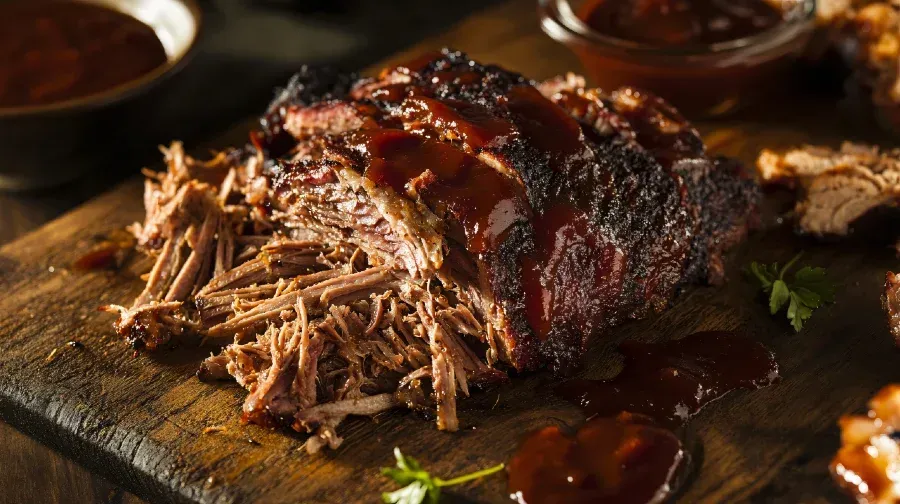 Pulled BBQ brisket on a wooden board, drizzled with sauce.