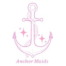 Pink anchor with rope figure and sparkles above &ldquo;Anchor Maids&rdquo; text
